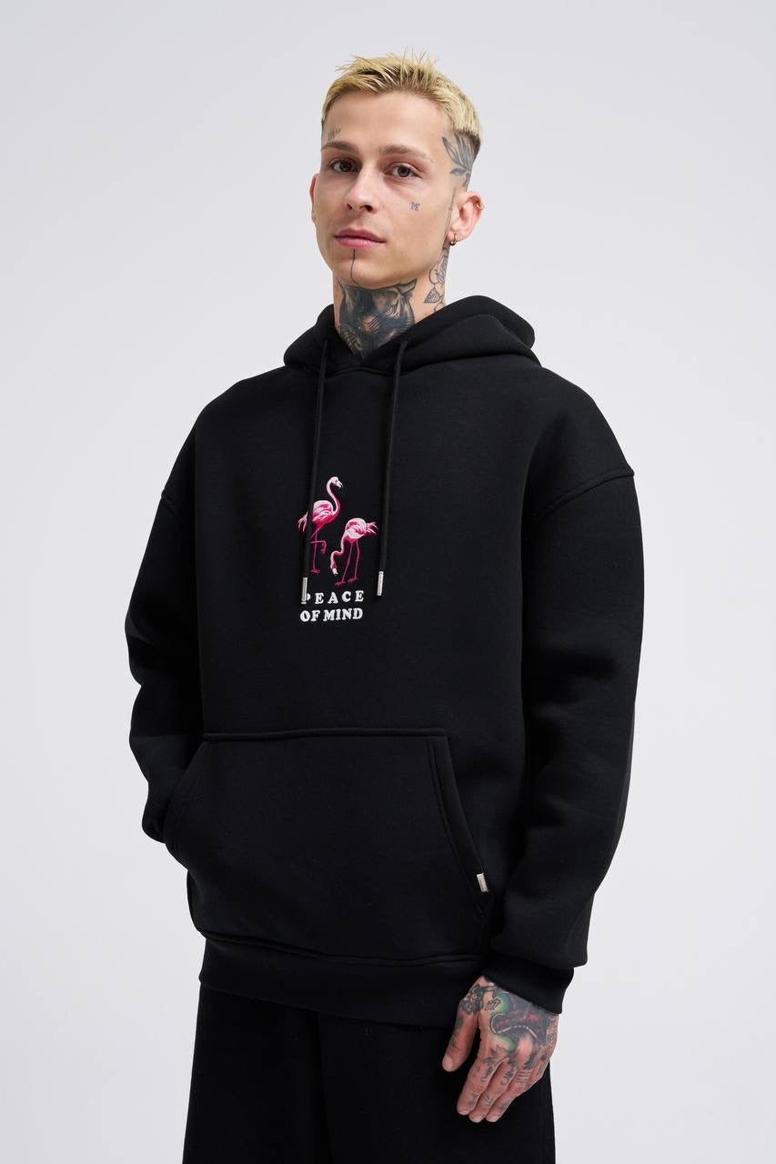 OVERSIZE FLAMINGO HOODIE - BLACK