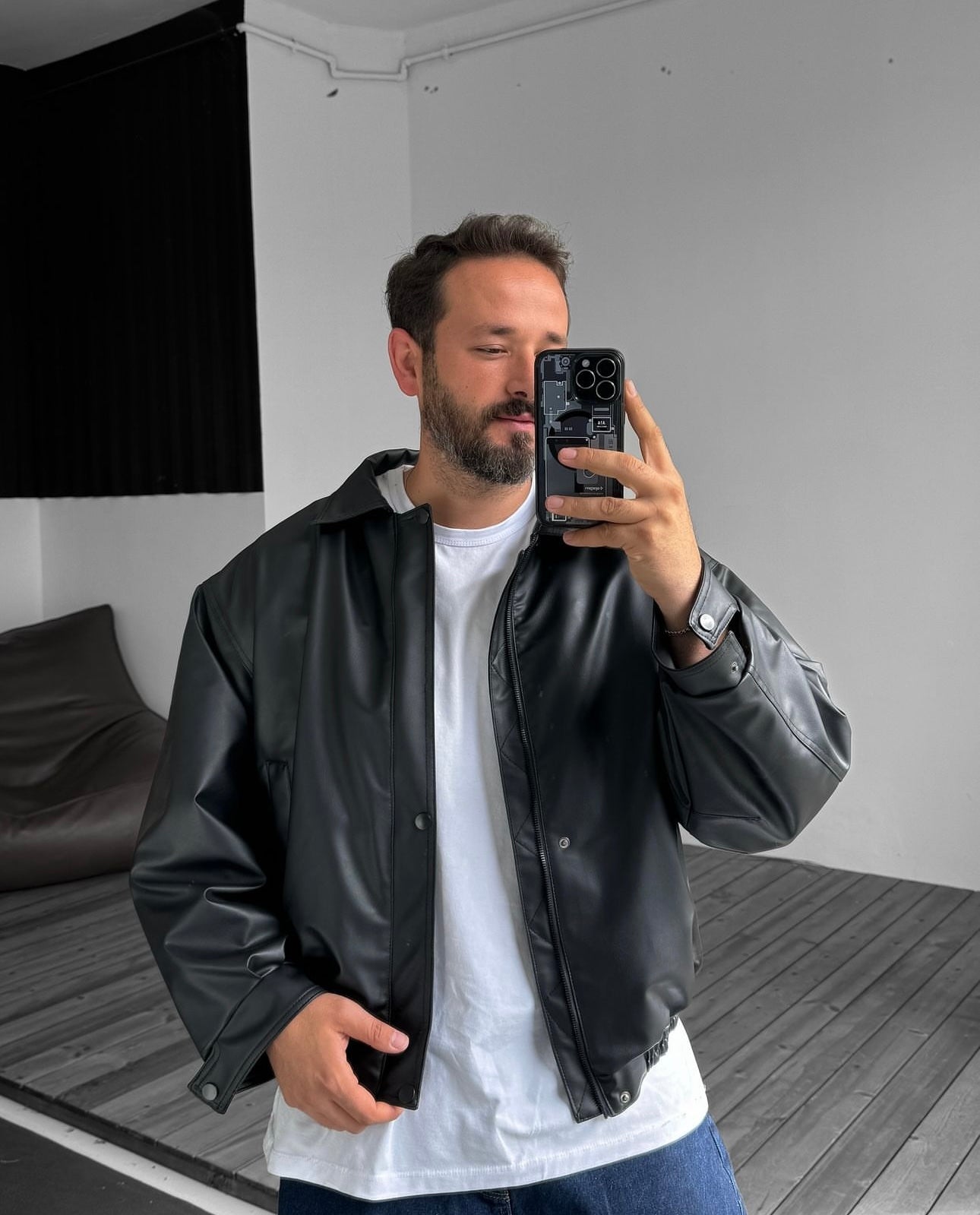 OVERSIZE LEATHER BOMBER JACKET - BLACK