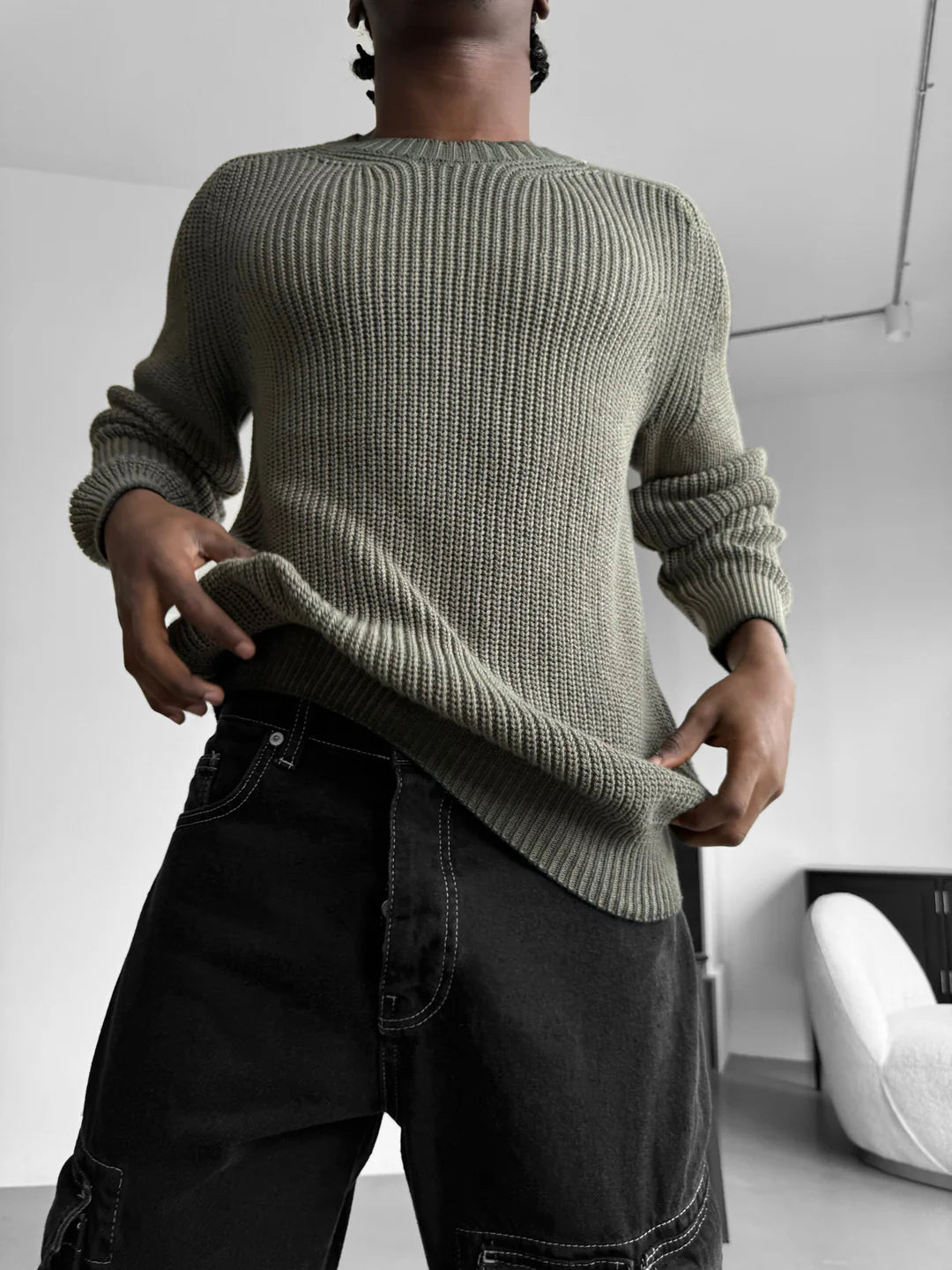 OVERSIZE WASHED KNIT SWEATER - OLIVE GREEN