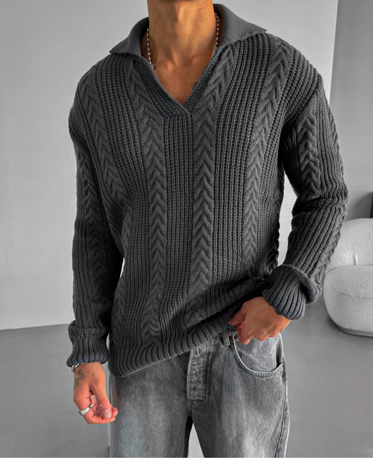 OVERSIZE BRAIDED STRUCTURE POLO SWEATER - DARK GREY