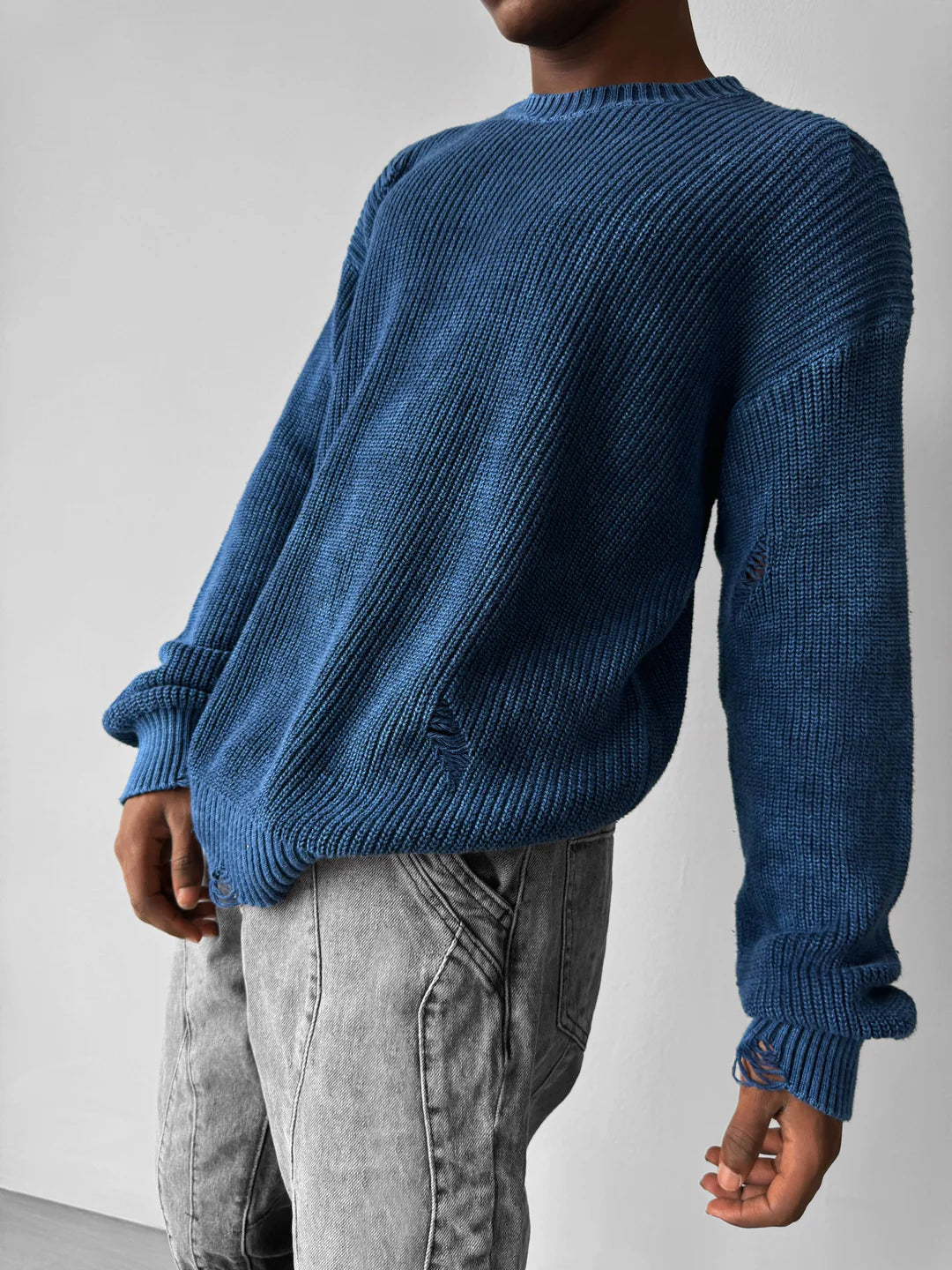 LOOSE FIT KNIT TORN SWEATER- DARK BLUE