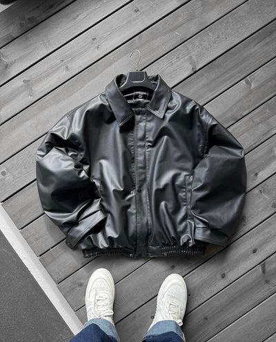 OVERSIZE LEATHER BOMBER JACKET - BLACK