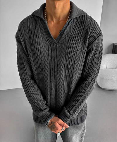 OVERSIZE BRAIDED STRUCTURE POLO SWEATER - DARK GREY