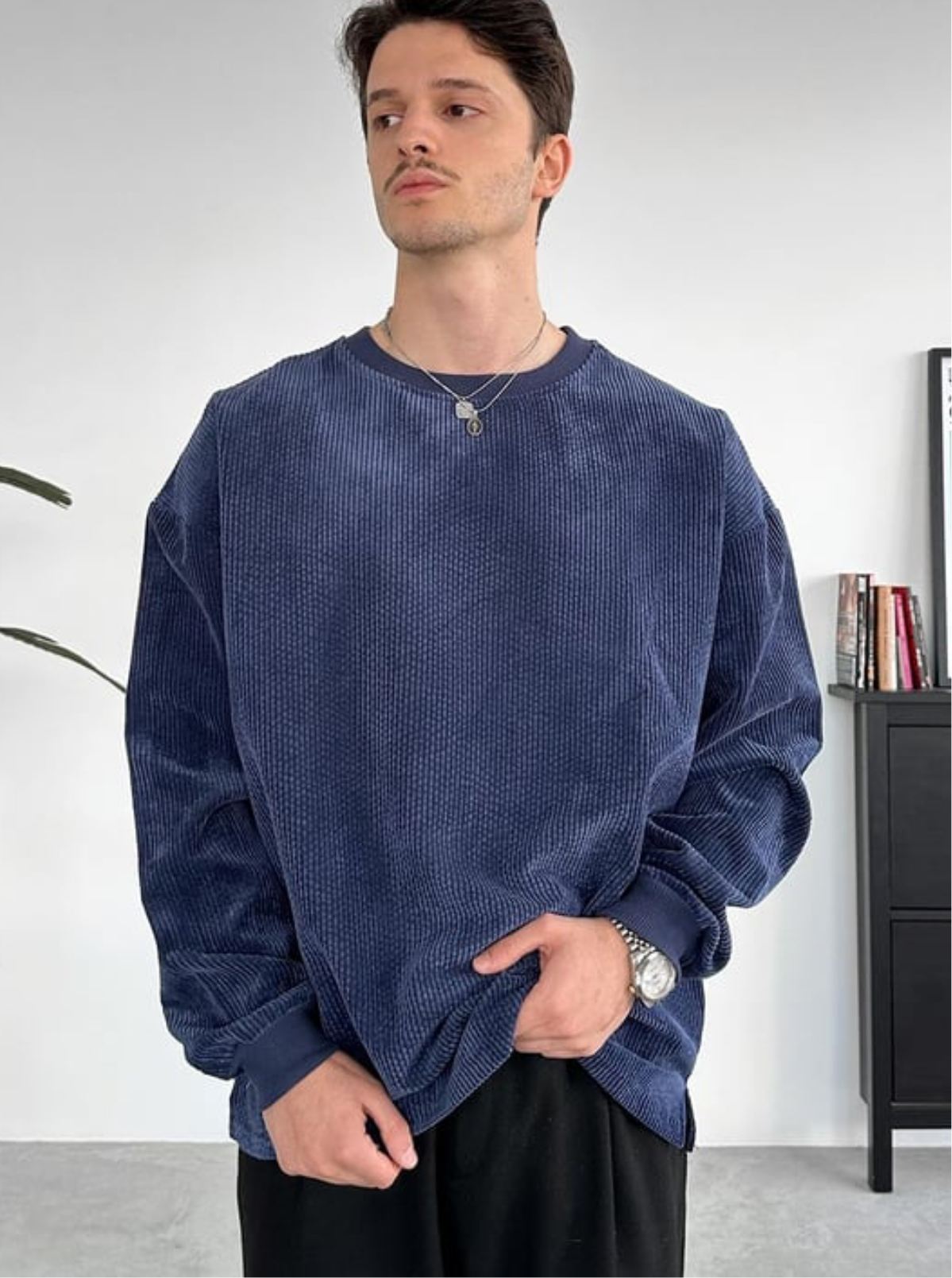 OVERSIZE VELVET CORD SWEATER- DARK BLUE