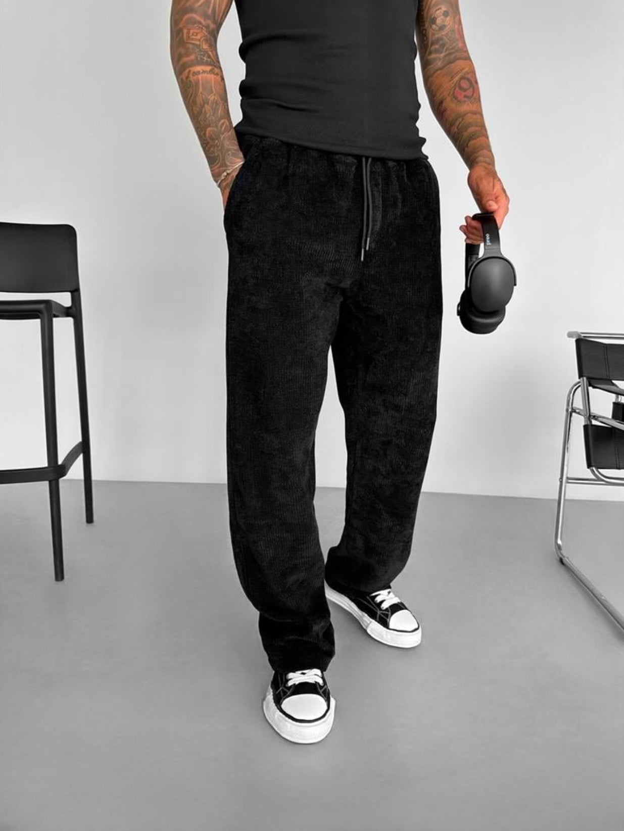 BAGGY RIBBED PANTS - BLACK