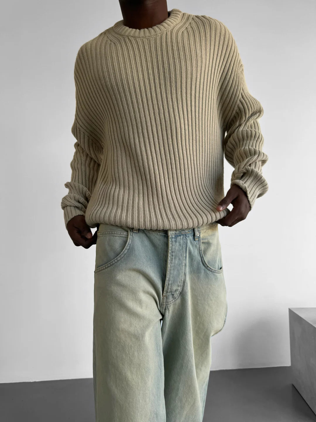 LOOSE FIT STRIPED STRUCTURE SWEATER- STONE