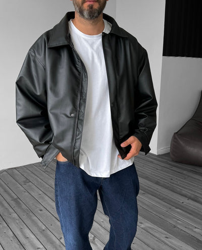 OVERSIZE LEATHER BOMBER JACKET - BLACK