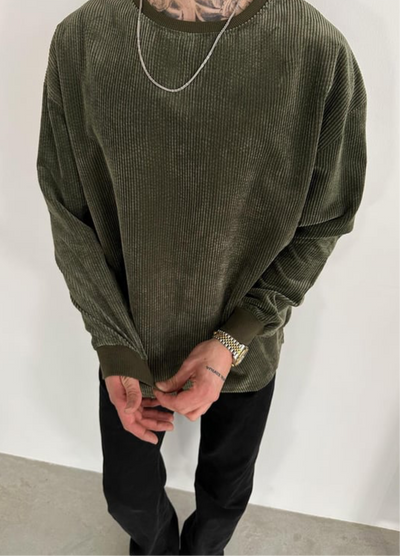 OVERSIZE VELVET CORD SWEATER- OLIVE GREEN