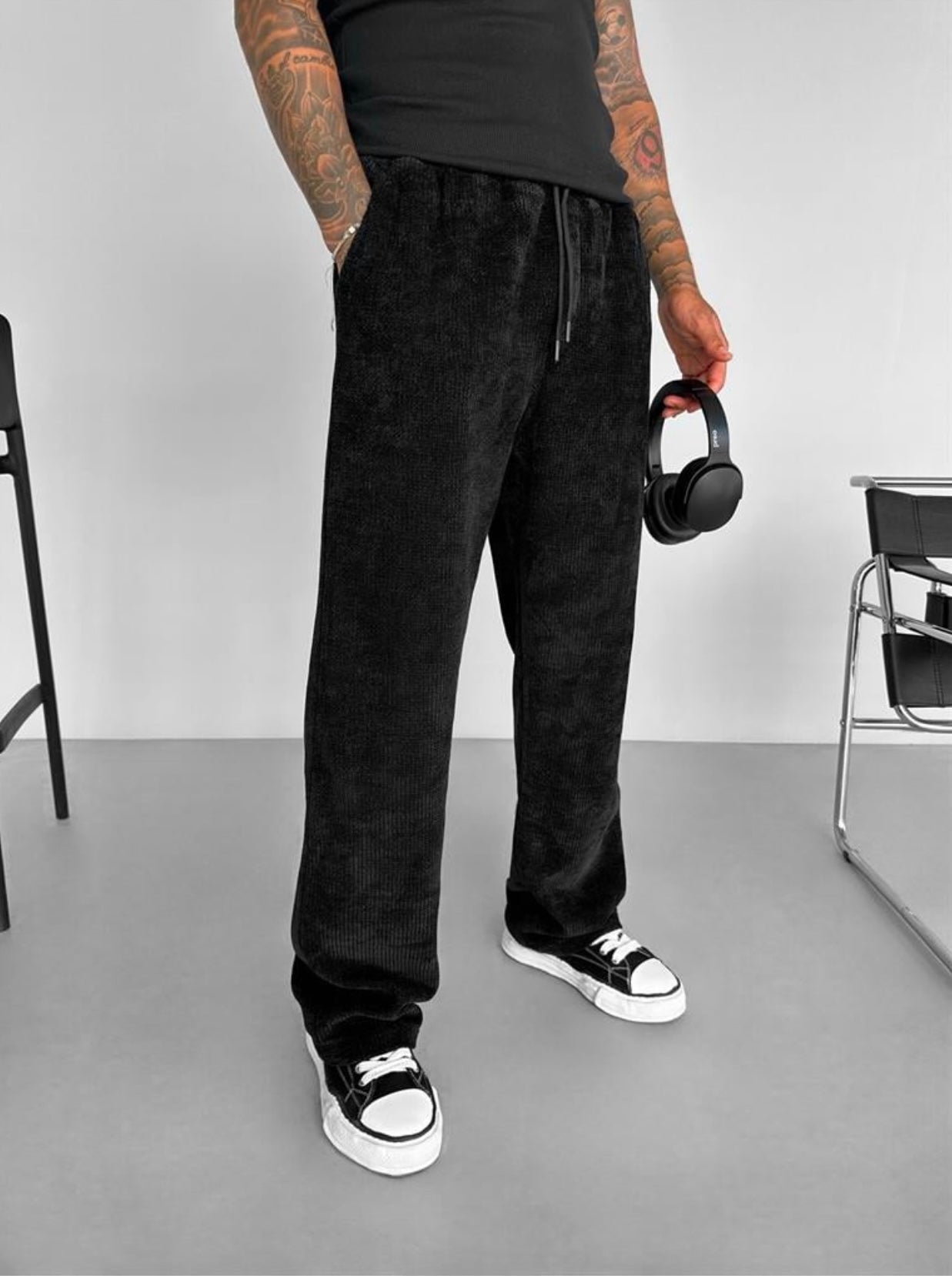 BAGGY RIBBED PANTS - BLACK