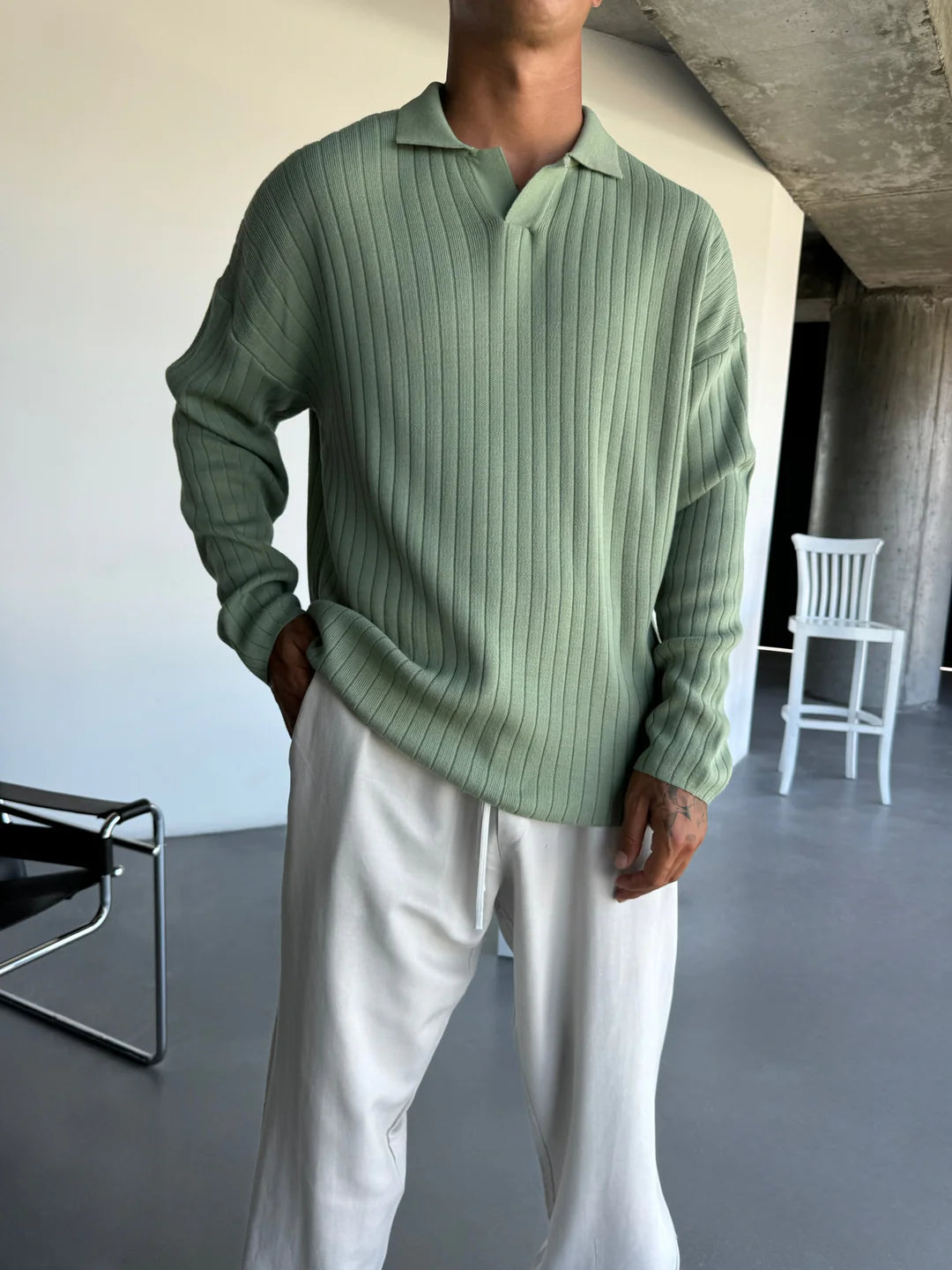 OVERSIZE RIBBED POLO SWEATER