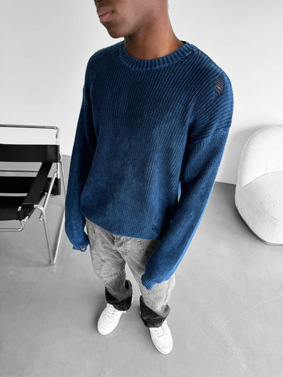 LOOSE FIT KNIT TORN SWEATER- DARK BLUE