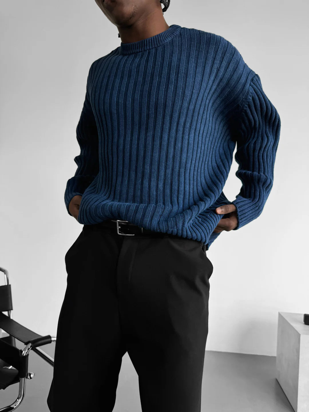 OVERSIZE RIBBED WASHED SWEATER - BLUE