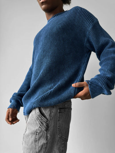 LOOSE FIT KNIT TORN SWEATER- DARK BLUE