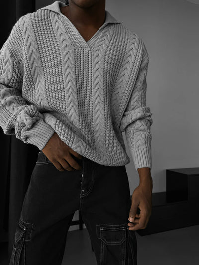 OVERSIZE BRAIDED STRUCTURE POLO SWEATER- GREY