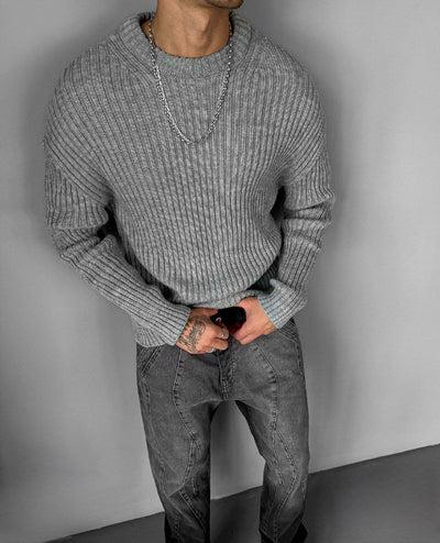 LOOSE FIT STRIPPED STRUCTURE SWEATER- GREY