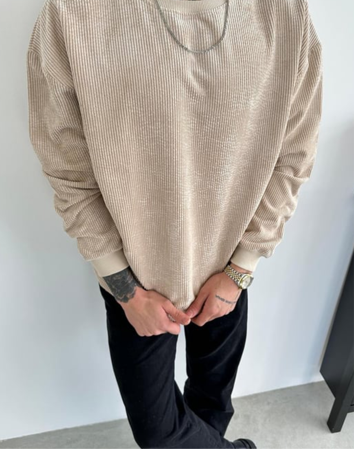 OVERSIZE VELVET CORD SWEATER- BEIGE