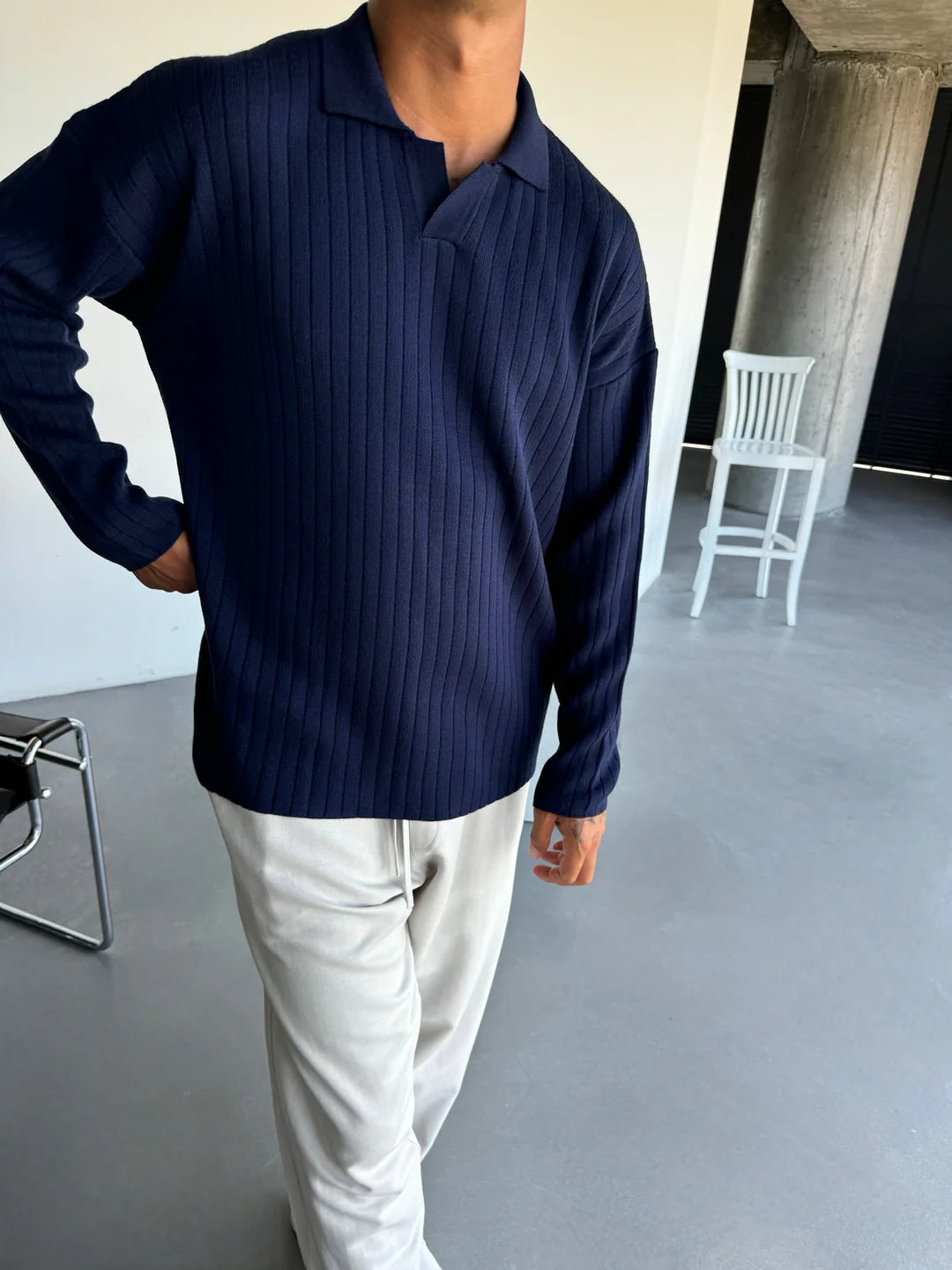 OVERSIZE RIBBED POLO SWEATER- NAVY BLUE