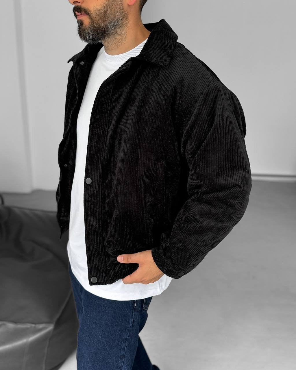 OVERSIZE CORD JACKET - BLACK