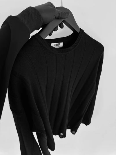 LOOSE FIT KNIT STIPED TORN SWEATER- BLACK