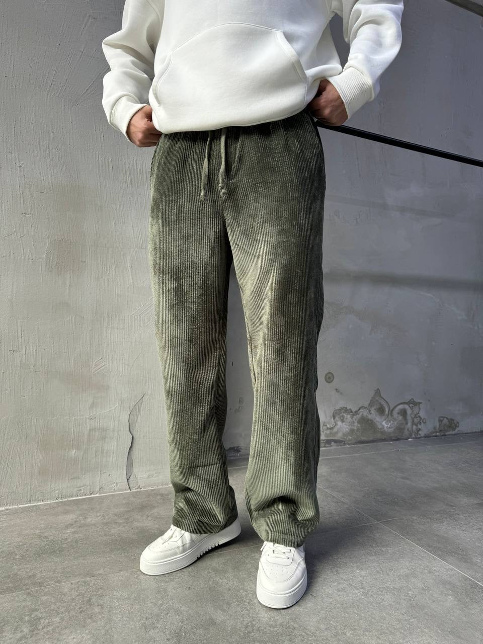 BAGGY RIBBED PANTS - OLIVE GREEN