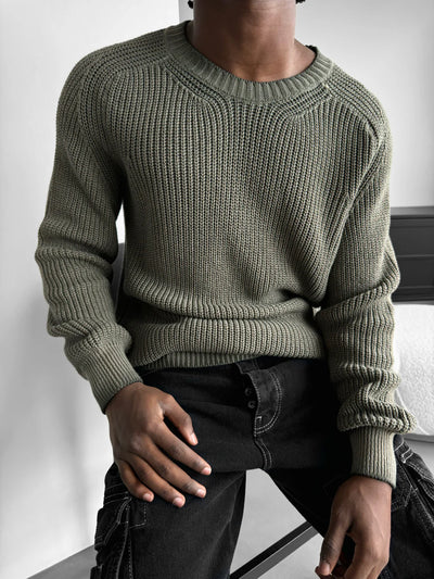 OVERSIZE WASHED KNIT SWEATER - OLIVE GREEN