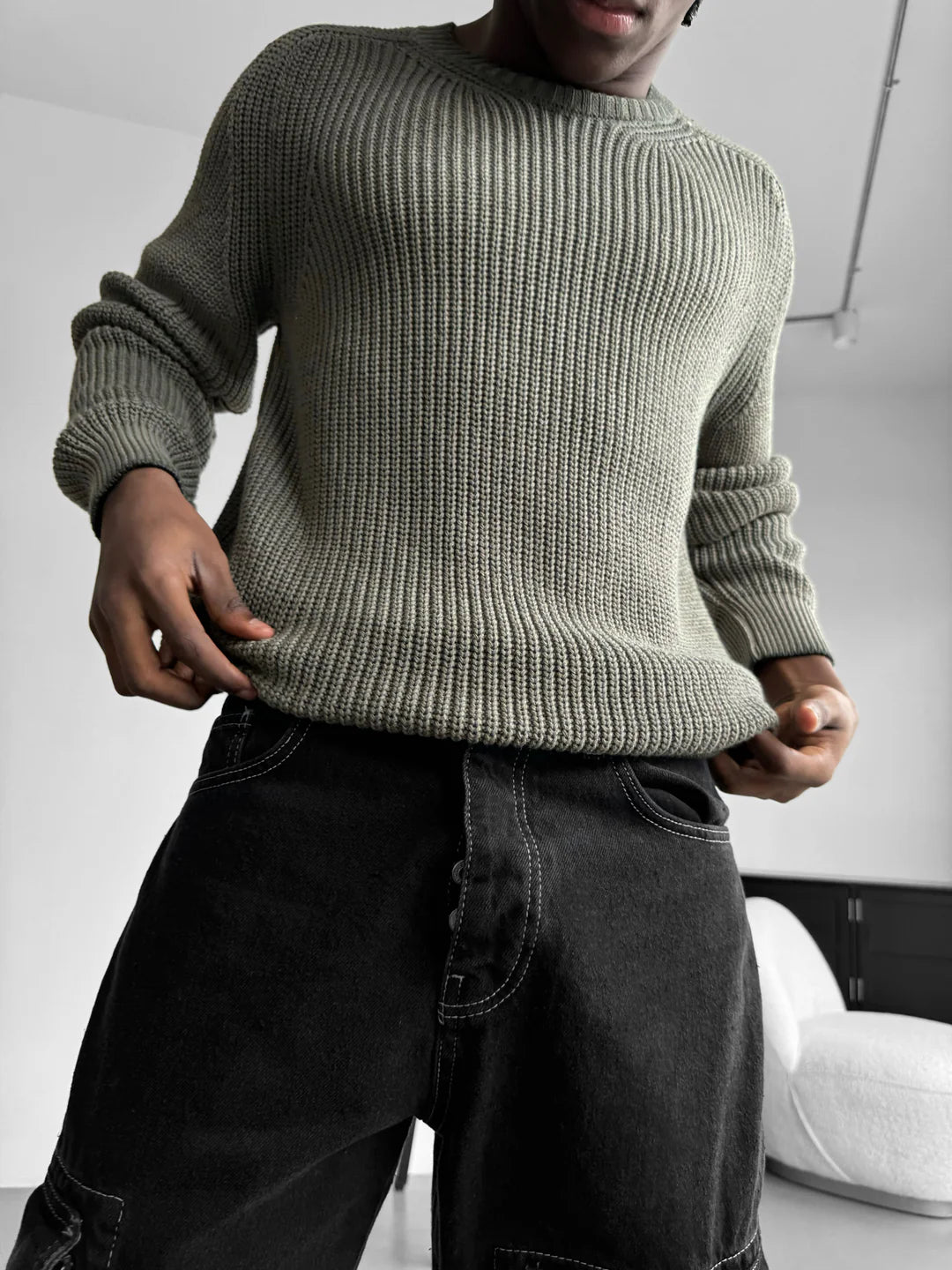 OVERSIZE WASHED KNIT SWEATER - OLIVE GREEN