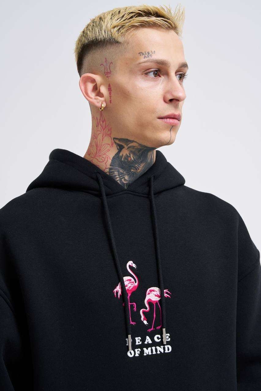 OVERSIZE FLAMINGO HOODIE - BLACK