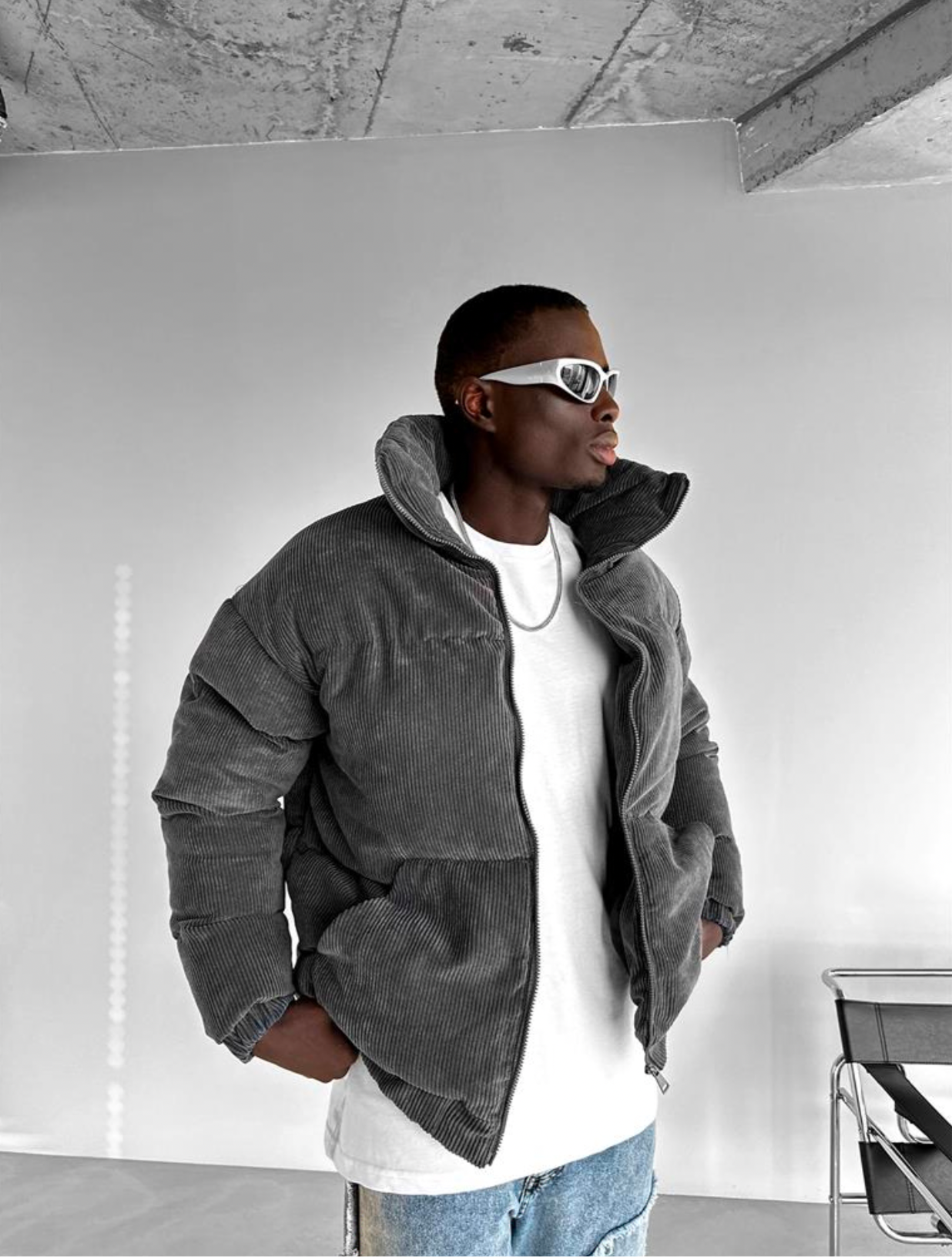 OVERSIZE CORD PUFFER JACKET - SMOKED GREY