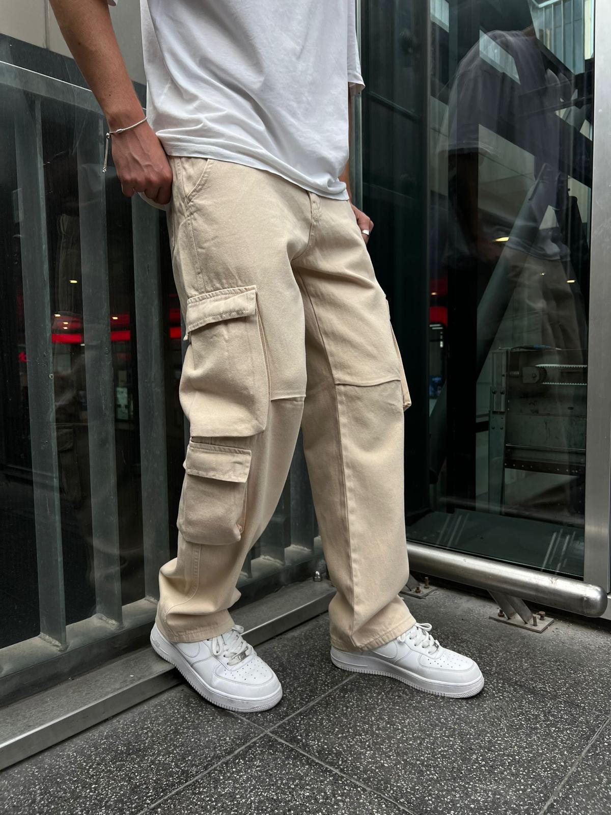 BAGGY CARGO JEANS WITH POCKETS - BEIGE