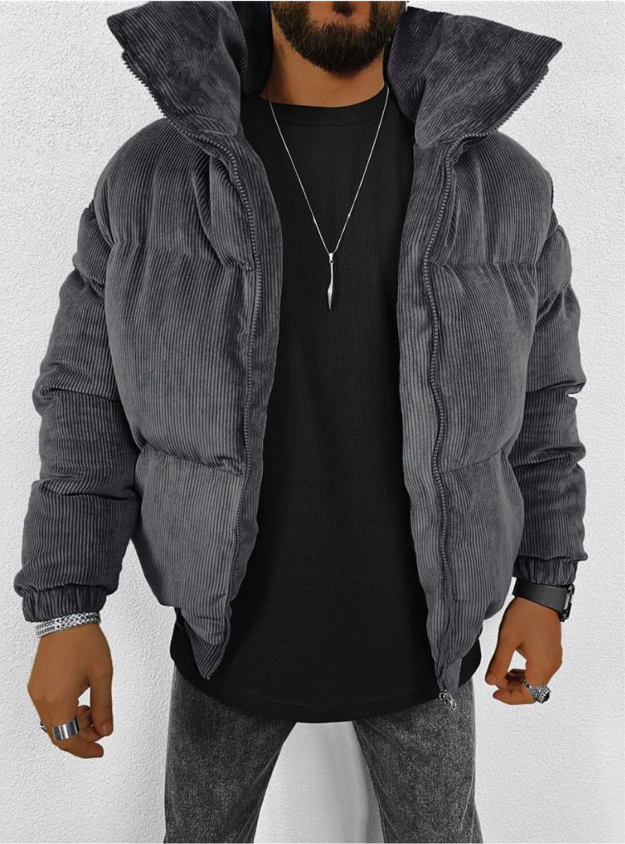 OVERSIZE CORD PUFFER JACKET - SMOKED GREY